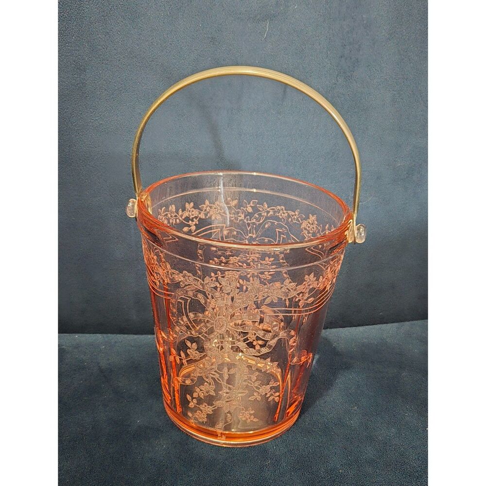 Vintage Fostoria Versailles Pink Elegant Depression Glass Ice Bucket w/ Handle